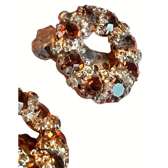 Weiss Rhinestone Clip-On Earrings Circular Gold Tone Amber Color & Clear VTG - Picture 3 of 8